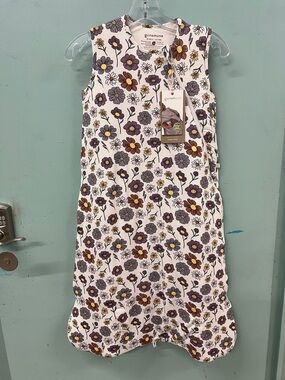 Sleeveless Floral Shift Dress in White with Purple & Brown Flowers